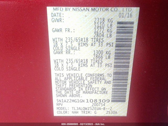5N1AZ2MG1GN108309 Nissan MURANO SV