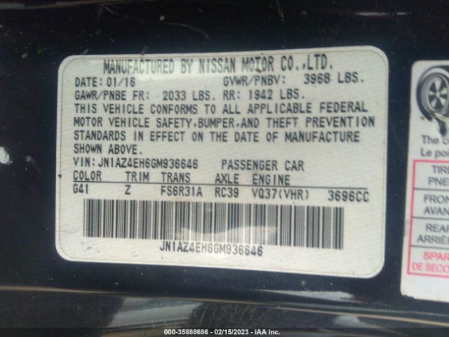 JN1AZ4EH6GM936646 Nissan 370z Tour/spt/tech/nismo/tech
