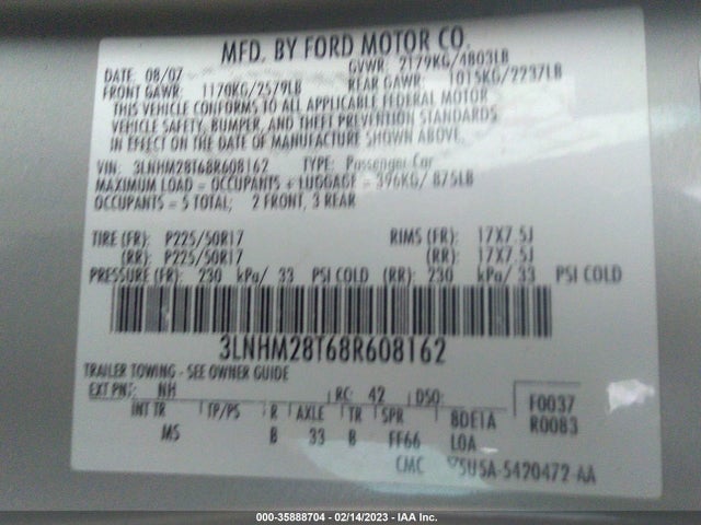 Lincoln MKZ 2008 3LNHM28T68R608162 Image 10