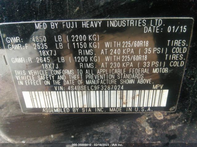 4S4BSELC9F3287024 Subaru Outback 3.6r Limited