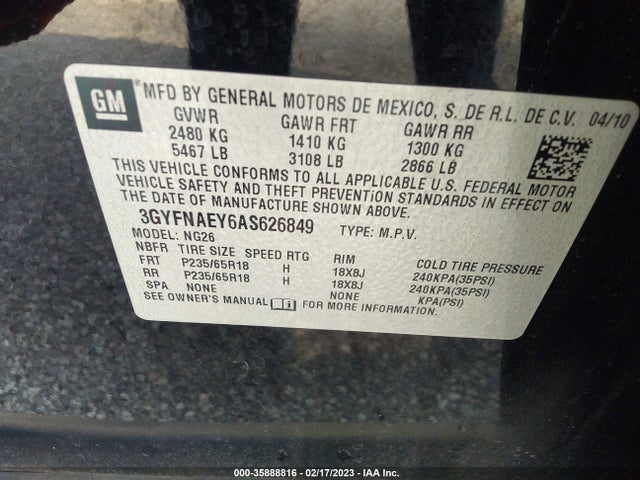 2010 CADILLAC SRX LUXURY COLLECTION VIN: 3GYFNAEY6AS626849