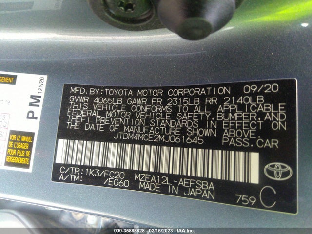 2021 TOYOTA COROLLA SE/APEX SE VIN: JTDM4MCE2MJ061645