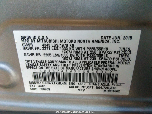 4A4AP4AWXFE039922 Mitsubishi Outlander Sport 2.4 Gt