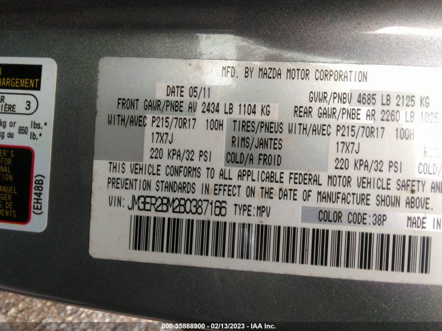 2011 MAZDA CX-7 I SPORT VIN: JM3ER2BM2B0387166