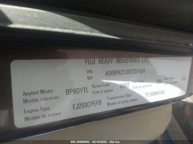 2008 SUBARU OUTBACK LTD VIN: 4S4BP62CX87331424