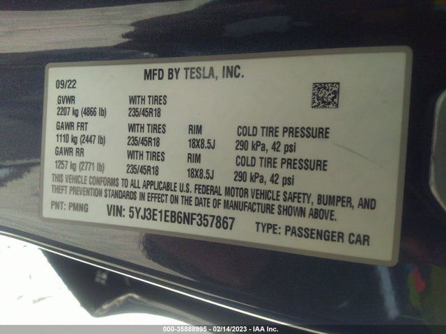 Tesla Model 3 Long Range 2022 5YJ3E1EB6NF357867 Image 10