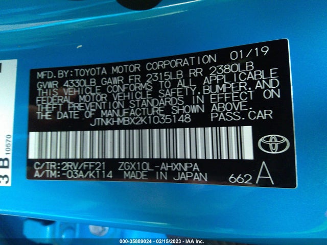 2019 TOYOTA C-HR XLE/LE/LIMITED VIN: JTNKHMBX2K1035148