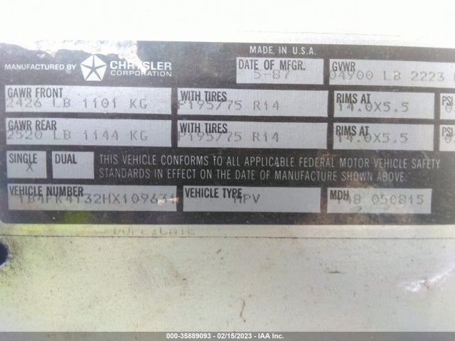 Dodge CARAVAN SE 1987 1B4FK4132HX109631 Image 10