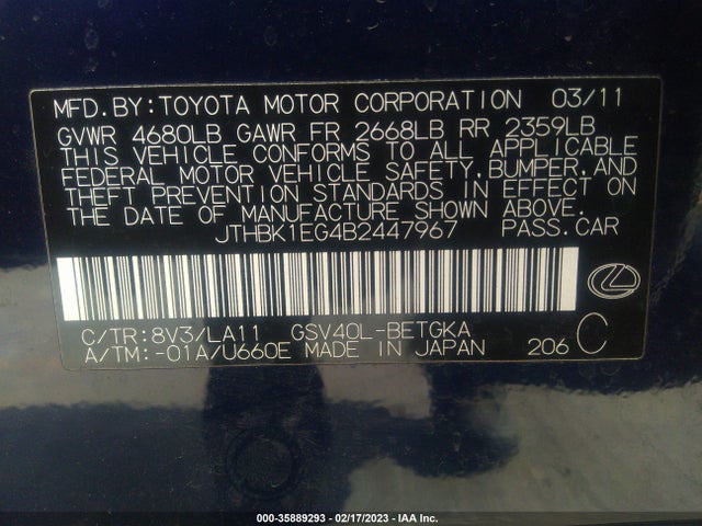 JTHBK1EG4B2447967 Lexus ES 350