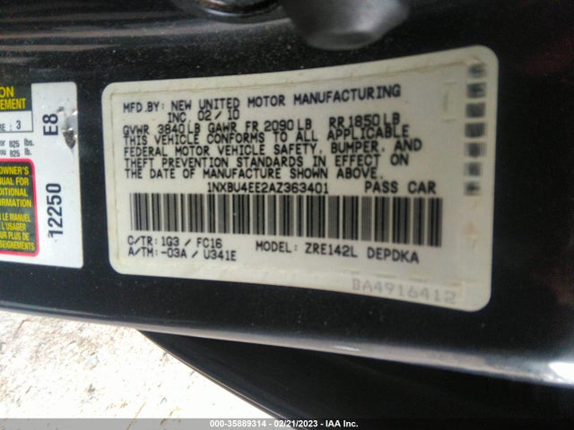 2010 TOYOTA COROLLA VIN: 1NXBU4EE2AZ363401