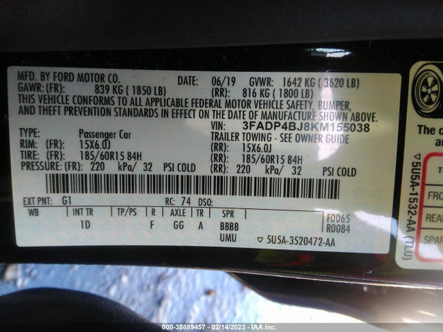 2019 FORD FIESTA SE VIN: 3FADP4BJ8KM155038