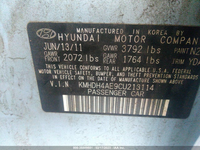 2012 HYUNDAI ELANTRA LIMITED PZEV VIN: KMHDH4AE9CU213114