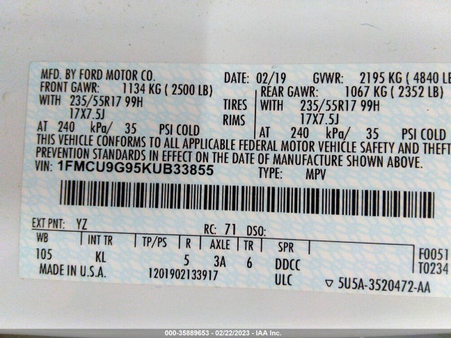 2019 FORD ESCAPE SE VIN: 1FMCU9G95KUB33855