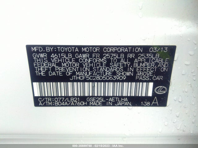 2013 LEXUS IS 250 VIN: JTHCF5C28D5063909