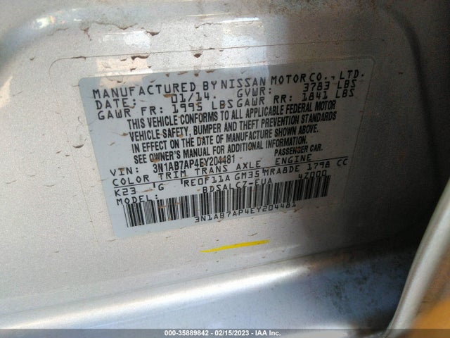 2014 NISSAN SENTRA S VIN: 3N1AB7AP4EY204481