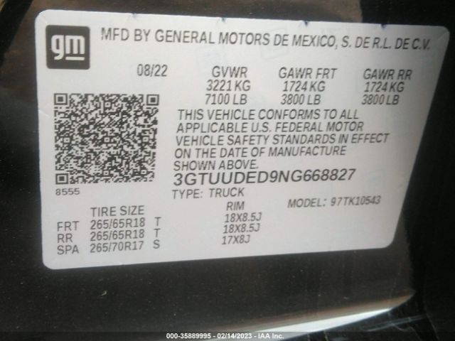3GTUUDED9NG668827 GMC Sierra 1500 Slt