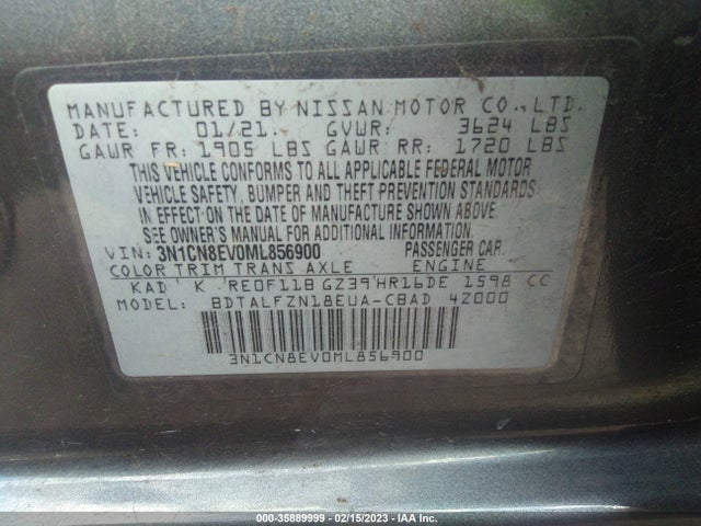 2021 NISSAN VERSA SV VIN: 3N1CN8EV0ML856900