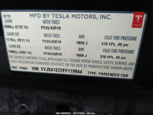 Tesla Model S 85d/70d/90d/p90d 2015 5YJSA1E22FF119944 Image 9