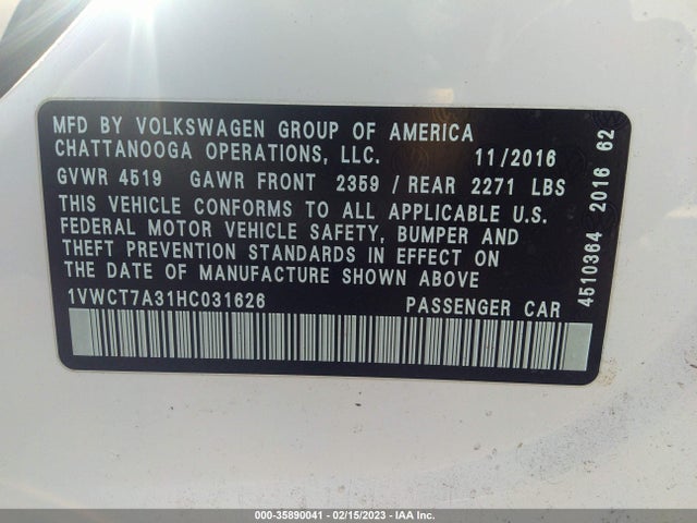 1VWCT7A31HC031626 Volkswagen Passat 1.8t Sel Premium