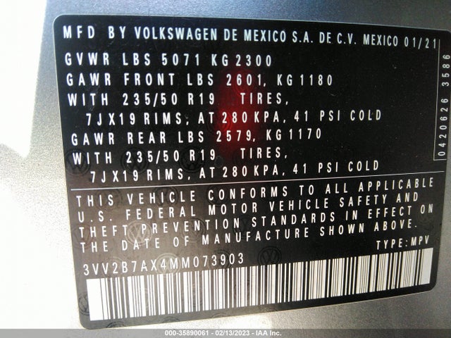 3VV2B7AX4MM073903 Volkswagen Tiguan Se/se R-line Black/sel