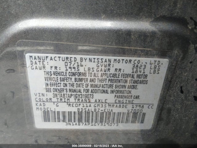 2016 NISSAN SENTRA S VIN: 3N1AB7AP1GY319073