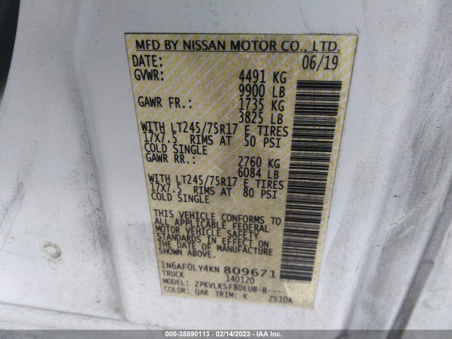 2019 Nissan NV, VIN: 1N6AF0LY4KN809671