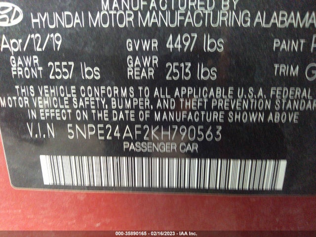 2019 Hyundai Sonata, VIN: 5NPE24AF2KH790563