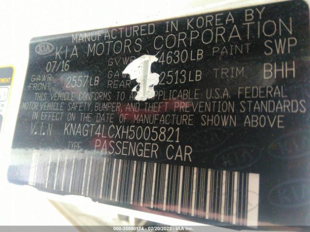 KNAGT4LCXH5005821 KIA Optima Hybrid Base