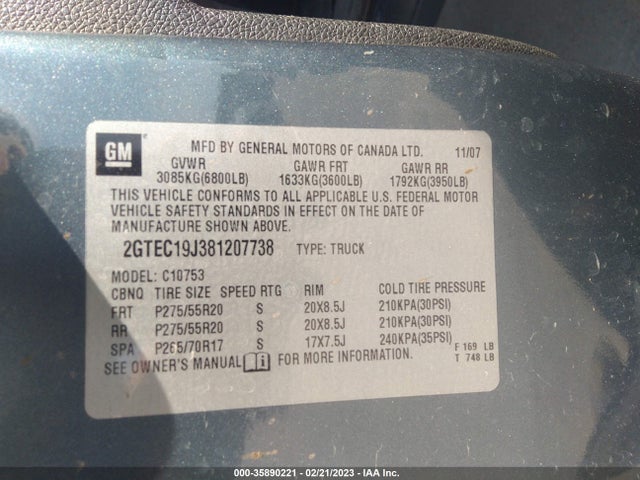 2008 GMC SIERRA 1500 SLE2 VIN: 2GTEC19J381207738