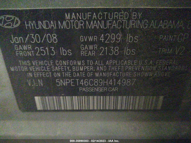 2009 HYUNDAI SONATA GLS VIN: 5NPET46C89H414987