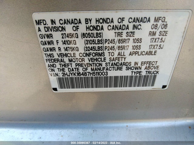 2007 HONDA RIDGELINE RTS VIN: 2HJYK16487H511003
