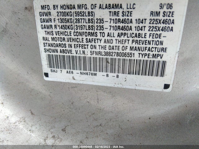 2007 HONDA ODYSSEY TOURING VIN: 5FNRL38827B006551