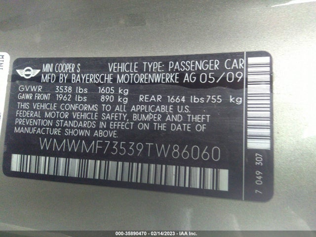 WMWMF73539TW86060 Mini Cooper Hardtop S