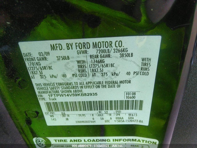 2009 FORD F-150 XL/XLT/FX4/LARIAT VIN: 1FTPW14V59KB82935