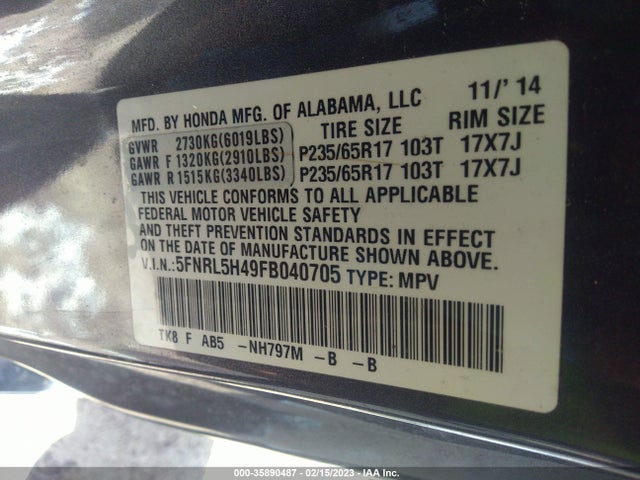 2015 HONDA ODYSSEY EX VIN: 5FNRL5H49FB040705