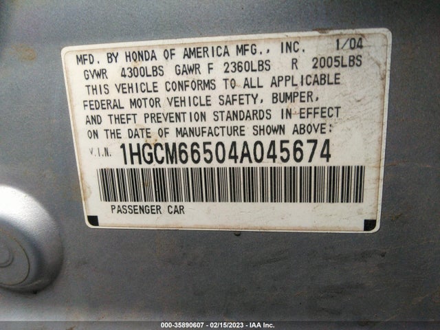 2004 HONDA ACCORD SDN EX VIN: 1HGCM66504A045674