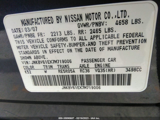 2007 INFINITI G35 SEDAN VIN: JNKBV61EX7M719006