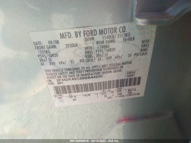 2008 FORD EDGE LIMITED VIN: 2FMDK49C58BB44200