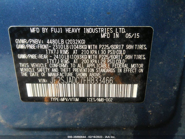 2015 Subaru Forester, VIN: JF2SJADC7FH833466