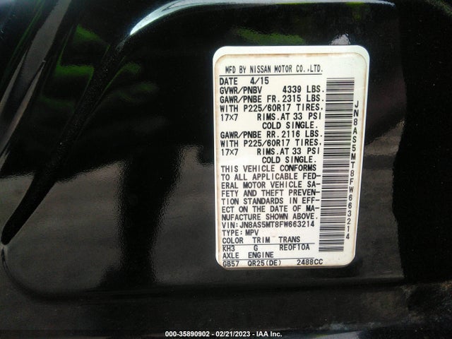 2015 NISSAN ROGUE SELECT S VIN: JN8AS5MT8FW663214