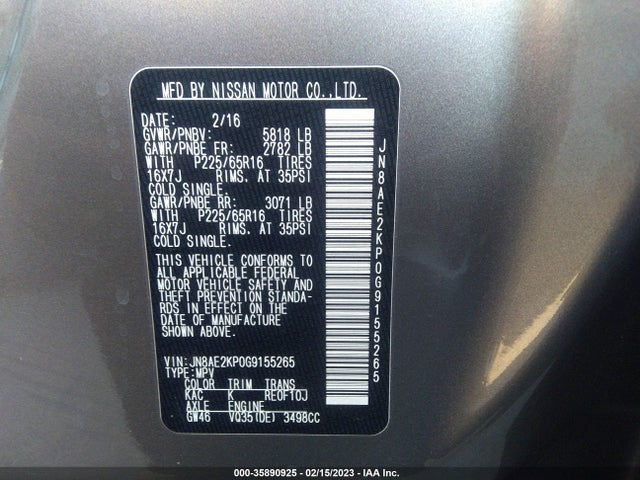 Nissan Quest Sv/s/platinum/sl 2016 JN8AE2KP0G9155265 Image 11