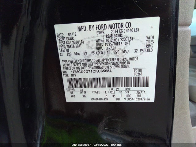 2012 FORD ESCAPE XLT VIN: 1FMCU0D71CKC65684