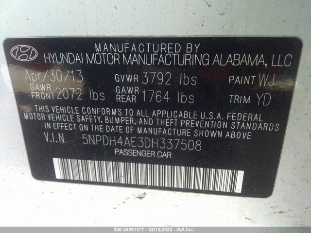 2013 HYUNDAI ELANTRA GLS PZEV VIN: 5NPDH4AE3DH337508