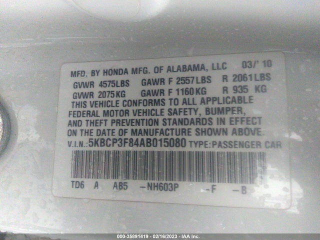 2010 HONDA ACCORD SDN EX-L VIN: 5KBCP3F84AB015080