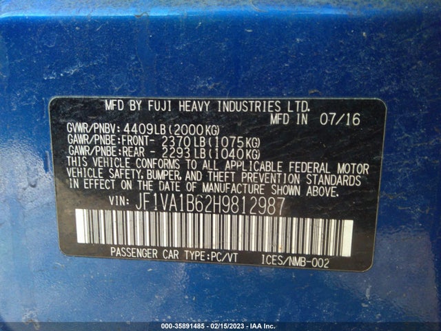 2017 Subaru WRX, VIN: JF1VA1B62H9812987