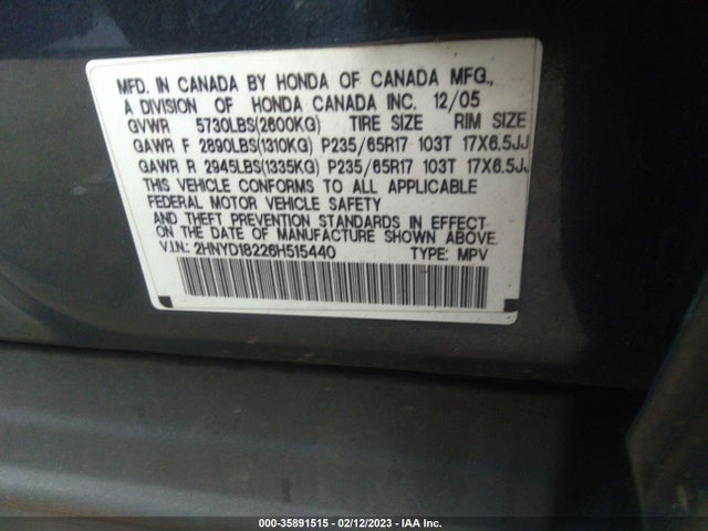 2006 ACURA MDX VIN: 2HNYD18226H515440