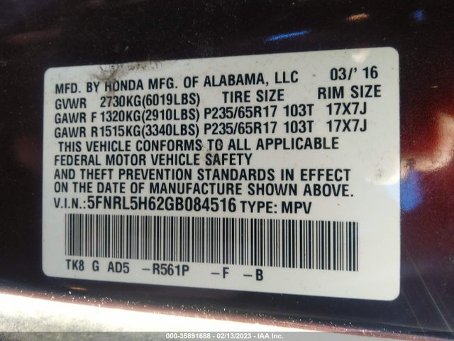 Honda Odyssey Ex-l 2016 5FNRL5H62GB084516 Image 9