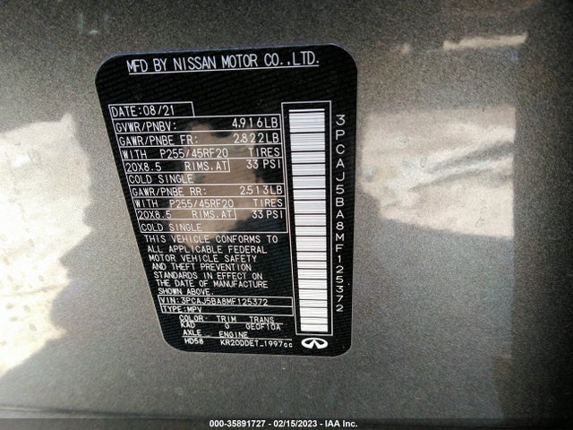 2021 INFINITI QX50 LUXE VIN: 3PCAJ5BA8MF125372
