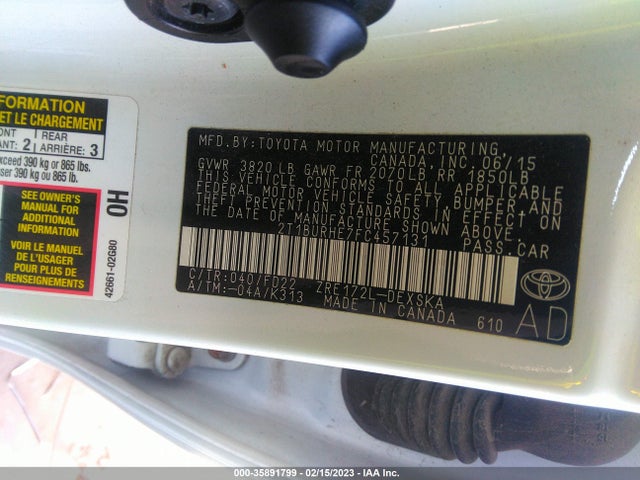 2015 TOYOTA COROLLA L/LE/S/S PLUS/LE PLUS VIN: 2T1BURHE7FC457131