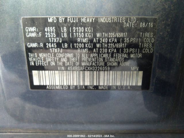 4S4BSAFCXH3226059 Subaru Outback Premium